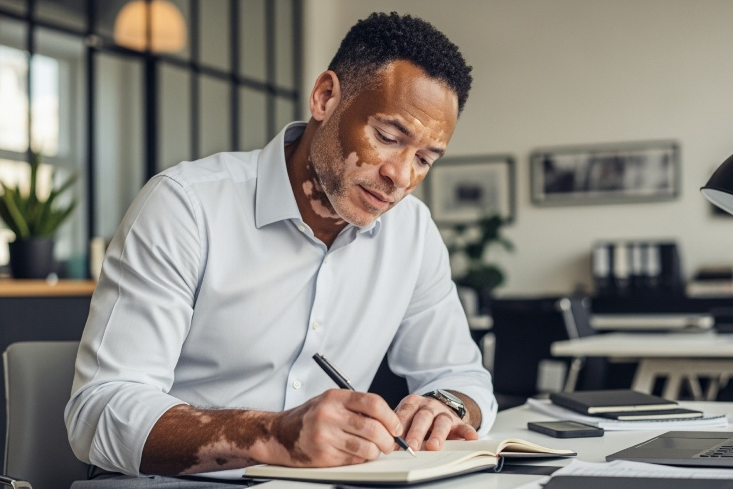 A man with vitiligo sits at a desk writing